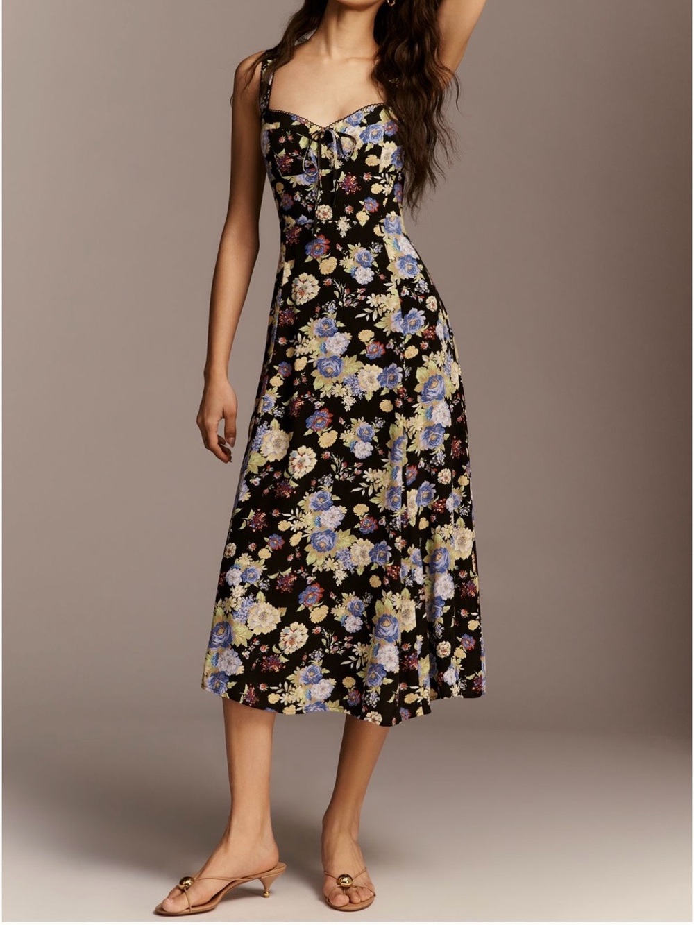 Anthropologie Maeve Floral Square-Neck Midi Dress in Black and Blue